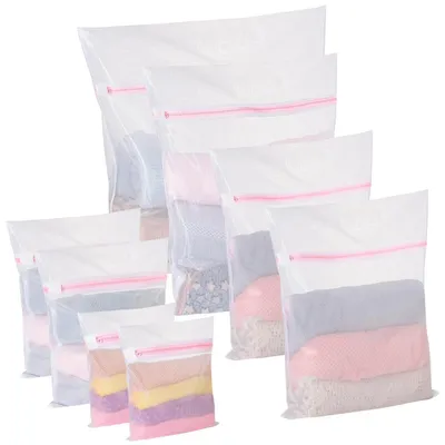 Image de 8 sacs de lavage pour machine à laver, sacs à linge en polyester à mailles fines, réutilisables, tailles XL, L, M, S