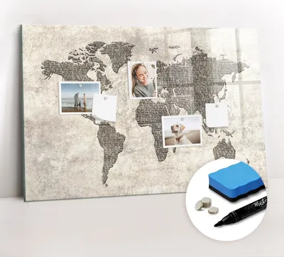 Produktbild von Magnetpinnwand Memoboard - Zubehörsatz - Schwarzer Marker + Schwamm + Magnete - 90 x 60 cm - Zeitungsweltkarte