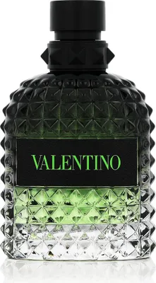 A bottle of Valentino Uomo Born In Roma Green Stravaganza Eau de Toilette for men.