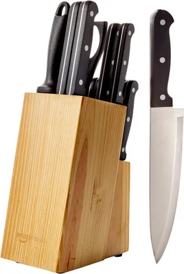 Produktbild von Messerset mit Messblock – 14-teilig – Edelstahl – Messblock aus Grenadillholz – Schwarz