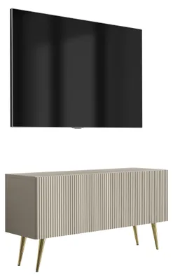 Image de Meuble TV avec façade rainurée, couleur cachemire, pieds inclinés dorés, 100 × 32 × 52 cm