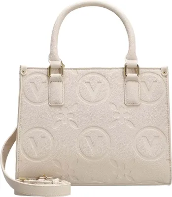 A white handbag with embossed floral and 'V' patterns.