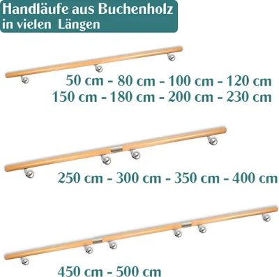 Produktbild von Buche Holz Handlauf Treppengeländer Geländer für Treppe Treppe Wandhandlauf Wand Treppe seitliche Montage Auswahl Länge 50 - 500 cm, Länge:200 cm