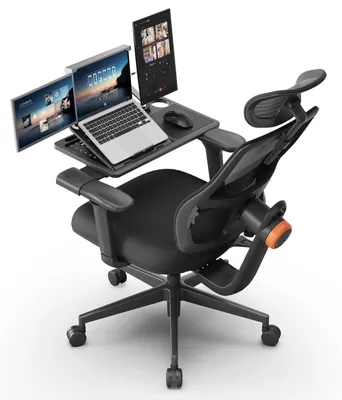Zdjęcie produktu dla Ergonomiczne krzesło biurowe – krzesło obrotowe z blatem – podparcie lędźwiowe – regulacja wysokości – tapicerowane siedzisko – kółka i podłokietniki – kolor czarny