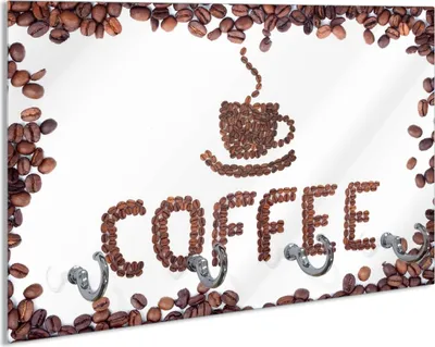 Produktbild von Wallario Schlüsselbrett aus Glas, Motiv: Kaffee Schrift aus Kaffeebohnen, 30 x 20 cm mit 4 Haken