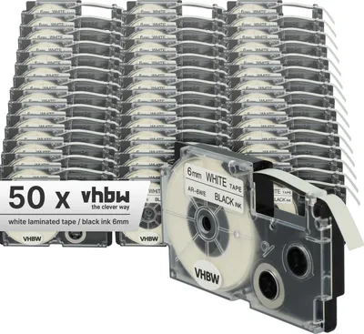 Produktbild von vhbw 50x Schriftband-Kassette Ersatz für Casio XR-6WE1, XR-6WE für Etiketten-Drucker 8m x 6mm Schwarz auf Weiß