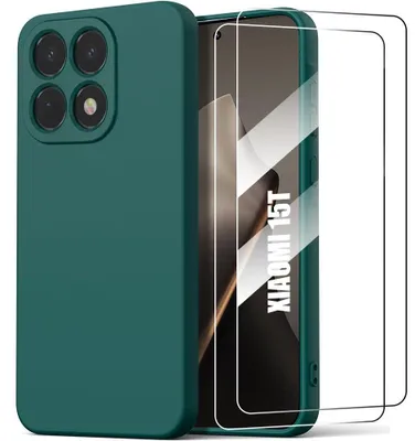 Image de Coque + 2 Verres Trempés pour Xiaomi 15T, Protection Silicone Liquide Ultra Fine Léger Antichoc - Vert Nuit