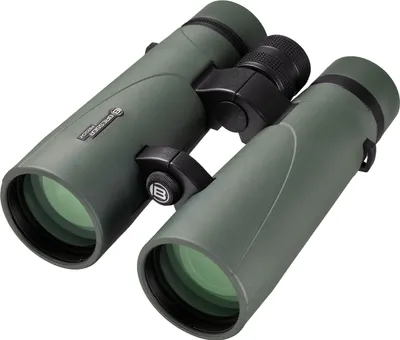 A pair of green binoculars is shown against a white background.