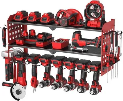 Image de Boîte à outils électrique avec 7 porte-embouts, étagère murale rouge pour garage et atelier à 3 niveaux