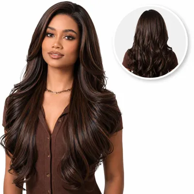 Produktbild von SassyGoods® Lace-Front-Perücke Dunkelbraun – Damenperücke mit langem Haar – Waschbar – Braun mit Highlights und Stufen – 70 cm, KI-generiertes Bild