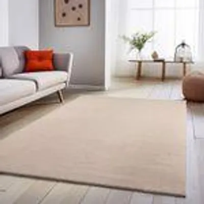 A living room scene with a sofa and a large rug.