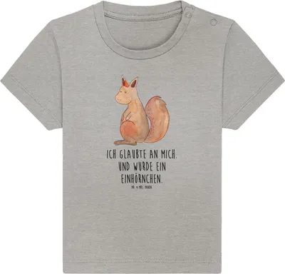 Produktbild von Mr. & Mrs. Panda  T-Shirt Einhorn Glauben 24. - 36. Monat - Heather Grey - Geschenk, Babyshirt, Organic Baby, Einhörnchen, Einhörner, Unicorn, Eichhörnchen, Eichhorn