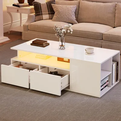 Produktbild von Merax Couchtisch 100x50x35cm mit 9 Fächern und 2 Schubladen, Beistelltisch LED beleuchtet mit App-Steuerung, Hochglanz Wohnzimmertisch mit Stauraum, modern Weiß