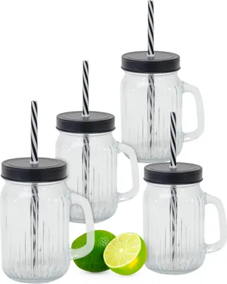 Produktbild von Trinkglas 450 ml mit Deckel und Strohhalm - 4er Set - Trink Becher mit Henkel - Deckel Trink Cocktail Glas für Wasser Saft Limonade Longdrinks