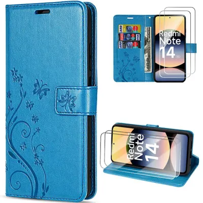 Image de Coque + 2 Verres Trempés pour Xiaomi Redmi Note 14 5G, Protection Antichoc Synthécuir Motif Papillon Bleu