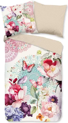 A flat lay of a duvet cover and pillowcase with a floral and butterfly pattern.