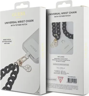 The image shows the packaging for a Guess universal wrist chain with a tether patch. The packaging is open, revealing the product inside.