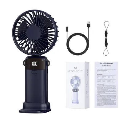 Produktbild von Handventilator, tragbarer Handventilator mit Akku, Tischventilator, 5 Geschwindigkeiten einstellbar, Schwarz