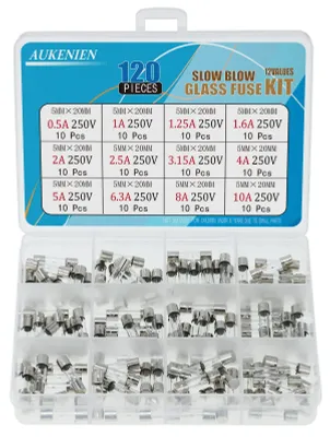 Glassicherungen 5x20 mm, 120 Stück, träge, 0,5–10 A, 250 V