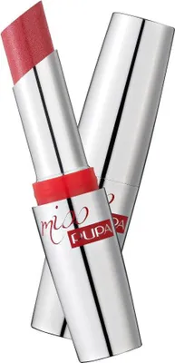 Two Pupa Miss Pupa lipsticks are displayed against a white background. One lipstick is open, showing the pink lipstick bullet, while the other is closed.
