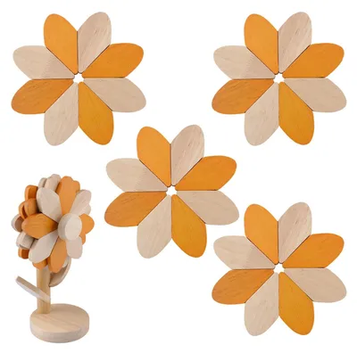 Zdjęcie produktu dla Zestaw podstawek pod napoje w kształcie słoneczników – 4 drewniane podstawki z uchwytami, średnica 12,9 cm