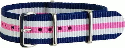 Produktbild von ClassicWatchStraps Nylon Uhrenarmband - Blau/Weiß/Pink, 20 mm, Silber poliert
