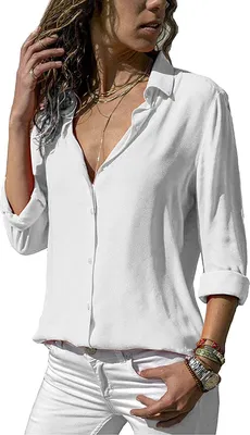 Produktbild von ASKSA Damen Bluse Chiffon Elegant Langarm Oberteile Einfarbig V-Ausschnitt Lose Hemdbluse, Weiß, M