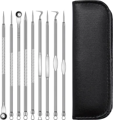 Produktbild von Set mit 9 chirurgischen Mitesser-Entfernern aus schwarzem Edelstahl