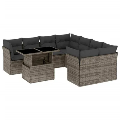 Produktbild von vidaXL 9-tlg. Garten-Sofagarnitur mit Kissen Grau Poly Rattan