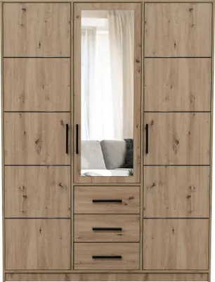 Produktbild von Drehtürenschrank Rodos D3, 3 Türen Kleiderschrank mit 1 Spiegel, Moderne Garderobe, Schrank Größe: 149 x 200 x 57,5 cm