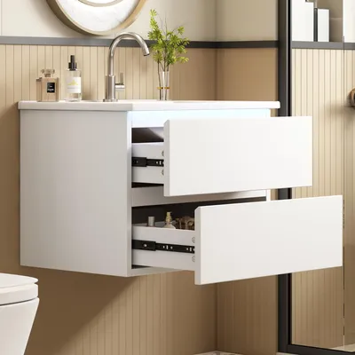 Obrázek produktu pro Merax Závěsná skříňka pod umyvadlo, koupelnová skříňka s keramickým umyvadlem, LED radarové osvětlení, 2 zásuvky, minimalistický design, bílá barva