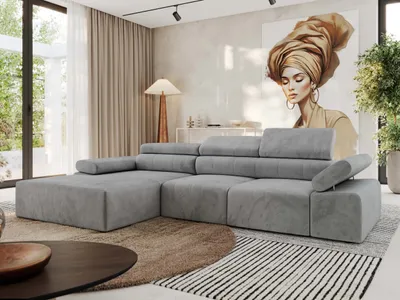 Immagine prodotto di MKS MEBLE Divano ad L RILASSO con funzione relax e poggiatesta regolabili - Grigio chiaro vellutato - Versione con apertura a sinistra