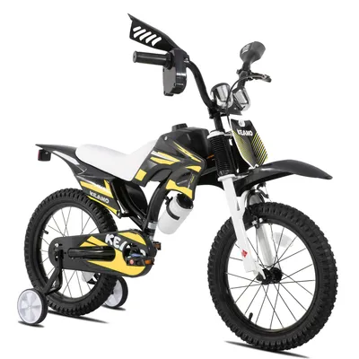 Image de JOYSTAR, vélo pour enfants de 16 pouces, style moto, pour garçons et filles de 3 à 8 ans, avec stabilisateurs, porte-gourde et garde-boue, couleur jaune