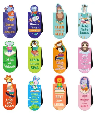 Produktbild von 12 Magnetische Tiere Lesezeichen für Kinder - Sprüche über das Lesen - Schultüte Füllung