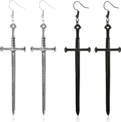 Produktbild von 2 Paar Gotische Schwert Ohrringes Ritter Schwerter Ohrringe Retro Lange Schwert Ohrringe für Frauen Herren - Silber Schwarz