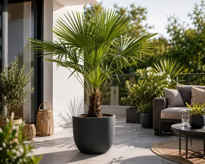 Produktbild von Chinesische Hanfpalme 160–180 cm Trachycarpus fortunei winterharte Fächerpalme für Garten Terrasse und Kübel, KI-generiertes Bild