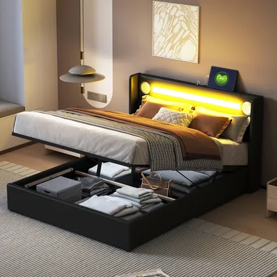 Produktbild von Polsterbett 140x200 LED-Lichtleiste Bluetooth-Player USB-Aufladung Stauraumbett Kunstleder Hochbettkasten Doppelbett Lattenrost Schwarz