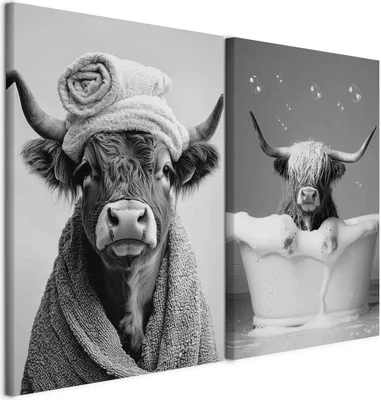 Image de murando - Set Handart Vache au spa Impression artistique 80 x 60 cm 2 pièces de 40 x 60 cm chacune Collage 2 voiles enduits de gel acrylique Tableaux muraux Tableaux sur toile Décoration - Décoration amusante pour les toilettes g-H-10133-b-a