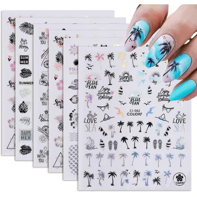 Image de Autocollants décoratifs pour ongles, motifs feuilles et plantes, 6 pièces, idéal pour l'été, pour la décoration manuelle de vos ongles