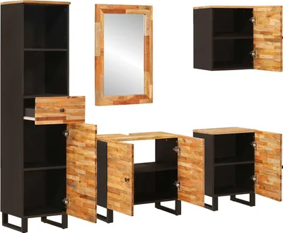 Image de vidaXL Ensembles de salle de bain, 5 pièces, style naturel, 38 x 33 x 160 cm, en bois massif de manguier
