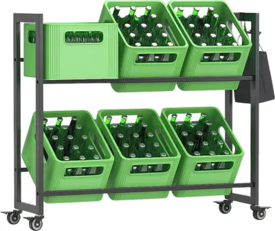 Zdjęcie produktu dla DanDiBo Stojak na skrzynki na napoje 6 skrzynek z haczykami z siatki Kółka Metal Czarny 96652 Stojak na napoje Stojak na skrzynki Stojak na napoje Pojemnik