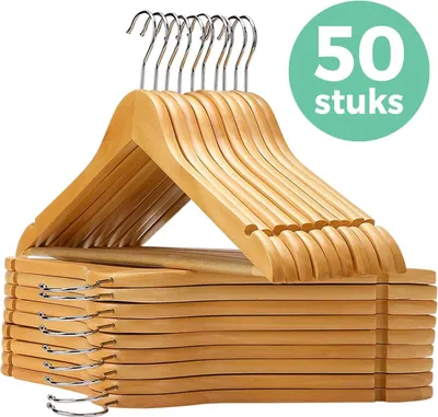 Produktbild von LifeGoods Kleiderbügel - Holzbügel - Hosenbügel - Hartholz - Drehbarer Metallhaken - Natur - 50 Stück