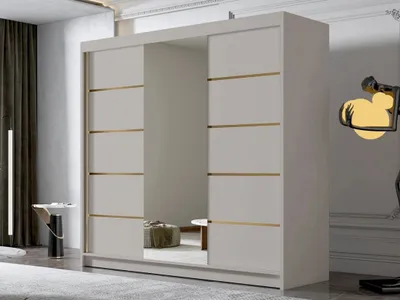 A modern bedroom with a large wardrobe and a decorative lamp.