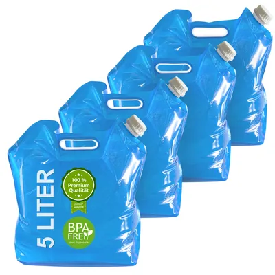 Produktbild von plasteo 4 Stück Wasserkanister 5 Liter faltbar – BPA-frei – Trinkwasserbehälter – Camping, Festival, Garten, Notvorrat, für Wohnmobil, Picknick