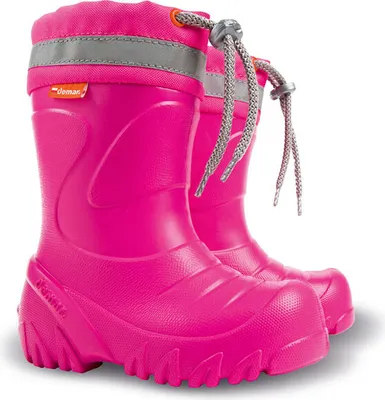 A pair of bright pink children's boots.
