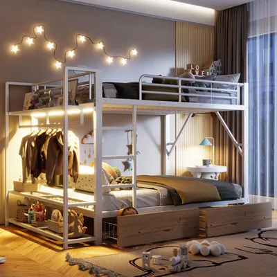 Obrázek produktu pro Dvoulůžko 140 x 200 cm, dětská postel se dvěma zásuvkami, několika úložnými plochami, věšákem na oblečení a LED osvětlením, bez matrace, bílá, ocel a MDF