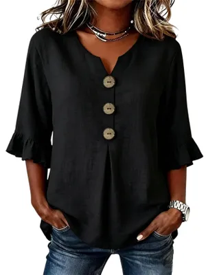 Produktbild von ASKSA Damen Bluse Musselin Tshirt V-Ausschnitt 3/4 aermel Sommer Leinenbluse Elegant Casual Oberteile (Schwarz,L)