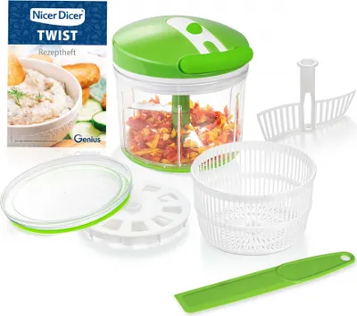 Produktbild von Genius Nicer Dicer Twist Universalzerkleinerer Set 9-tlg - Gemüseschneider manuell mit Seilzug, Salatschleuder & Sieb 1000ml; A29187