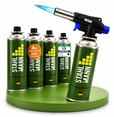 Produktbild von STAHLMANN® Gasbrenner [inkl. 4 Kartuschen] Lötlampe und Bunsenbrenner bis 1300 °C, 360° drehbarer Brennerkopf mit Regulierventil, Piezozündung, rund 9 Stunden Brennzeit, nur 108 g leicht