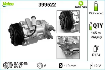 Produktbild von VALEO 399522 6V12 Klimaanlage Klimakompressor PAG 46 R134a für OPEL AGILA (A) (H00)